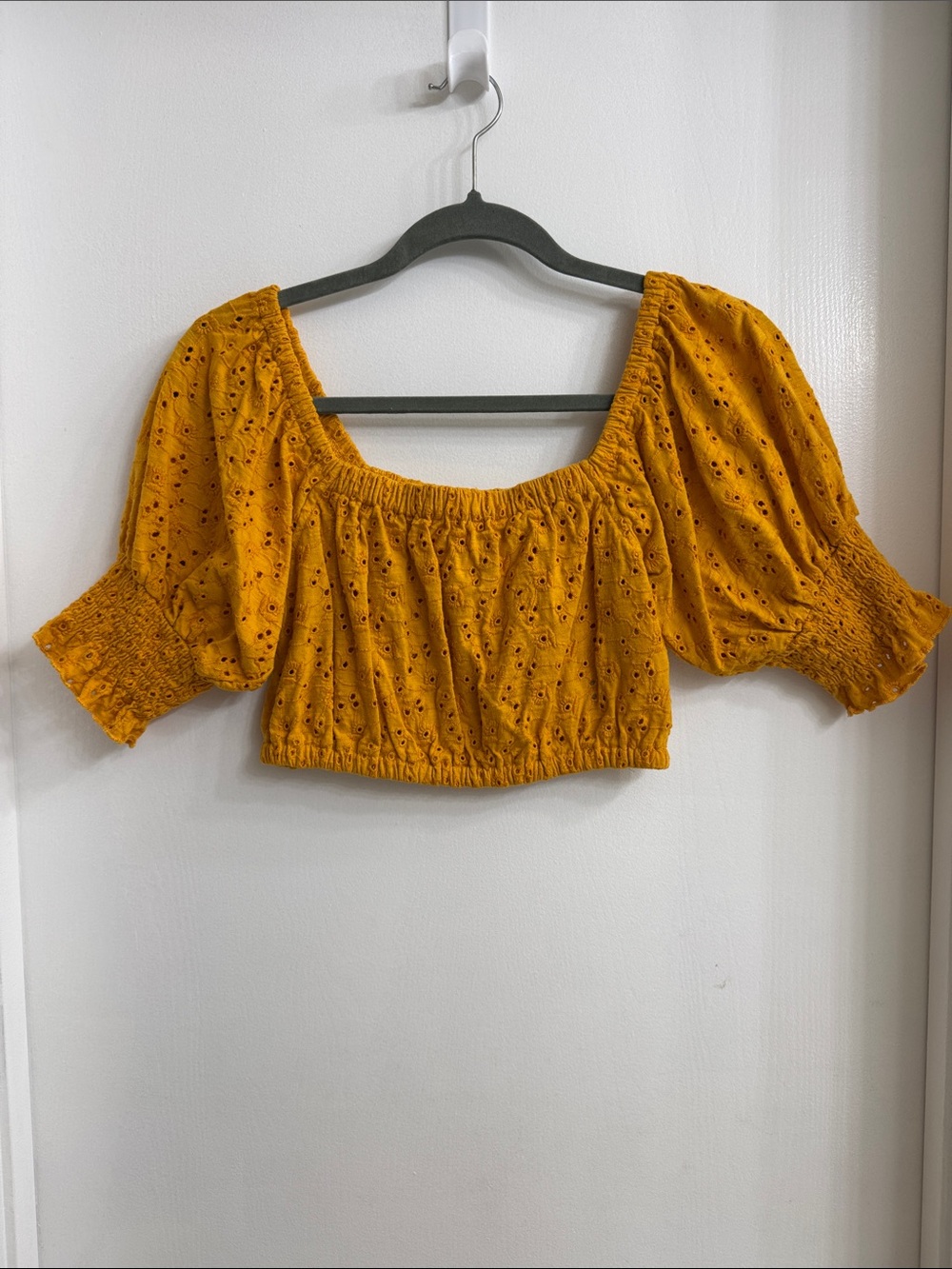 Billabong Mustard Eyelet Puff-Sleeve Crop Top